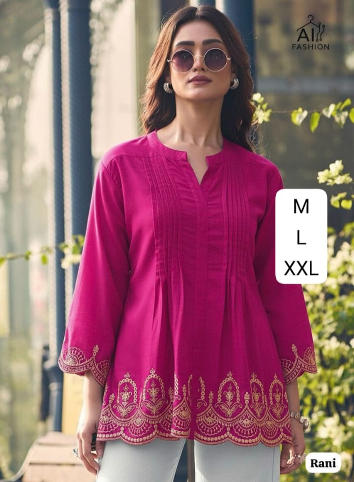 Trending Short length Kurti with pleated pattern and Embroidery Work