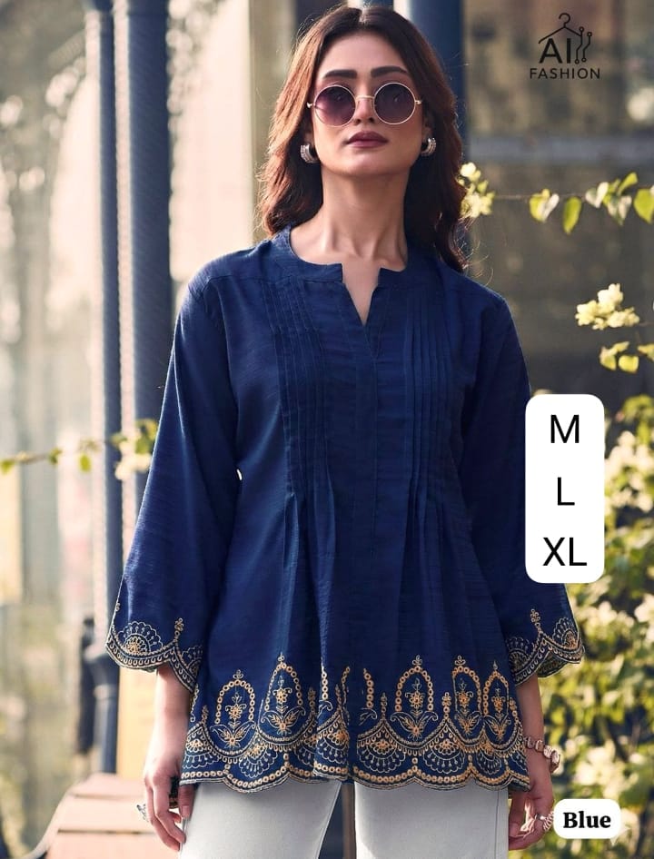 Trending Short length Kurti with pleated pattern and Embroidery Work