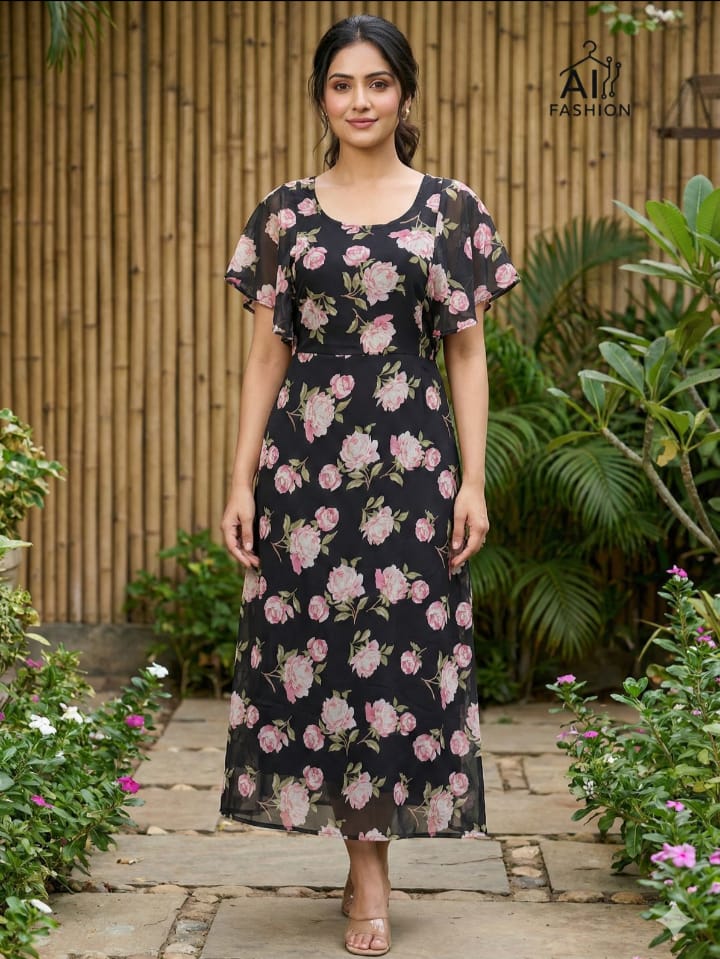 Long Printed Gown with Fancy Sleeves Pattern